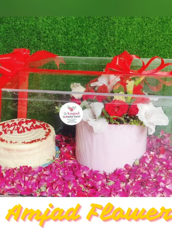 Luxury Acrylic Flower Box with Cake | Amjad Flower Shop